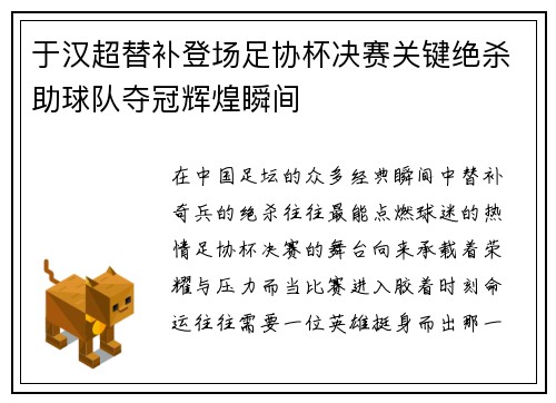 于汉超替补登场足协杯决赛关键绝杀助球队夺冠辉煌瞬间 于汉超替补登场足协杯决赛关键绝杀助球队夺冠辉煌瞬间
