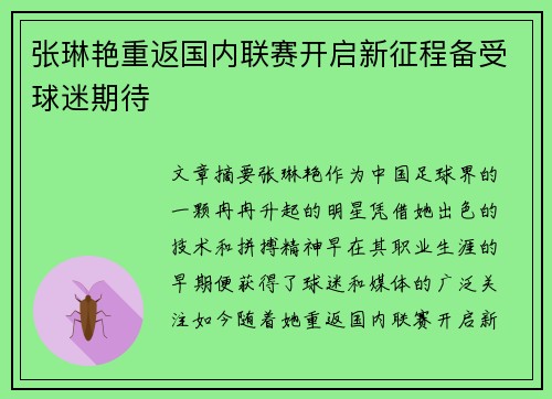 张琳艳重返国内联赛开启新征程备受球迷期待